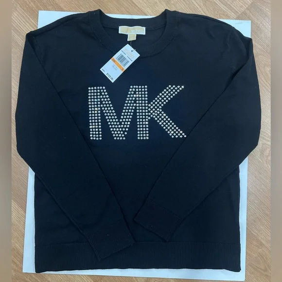 Michael Kors Black Crewneck Sweater with Silver Studded Rhinestone MK Logo Small - Picture 1 of 7